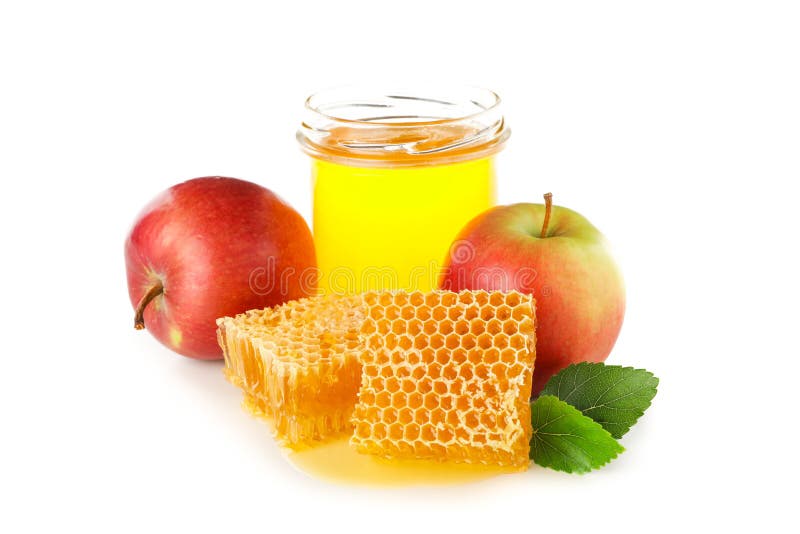 Pieces of honeycomb, apples and glass jar isolated on white background. Pieces of honeycomb, apples and glass jar isolated on white background
