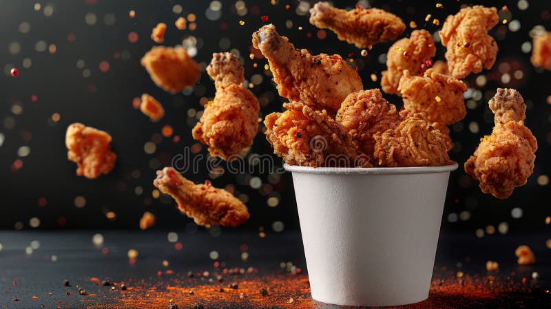 Trozos de pollo frito crujiente saltando de un cubo blanco de comida para llevar con un telón de fondo oscuro con especias vibrant libre illustration