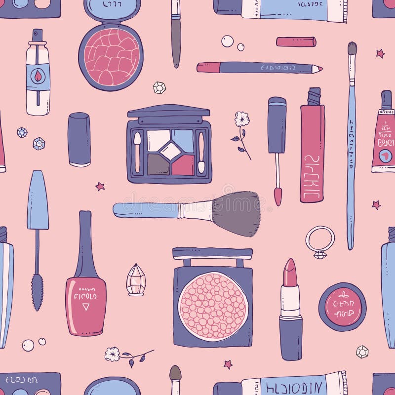 Trucco disegnato a mano rosa e modello senza cuciture cosmetico illustrazione vettoriale Trucco disegnato a mano rosa e modello senza cuciture cosmetico illustrazione vettoriale