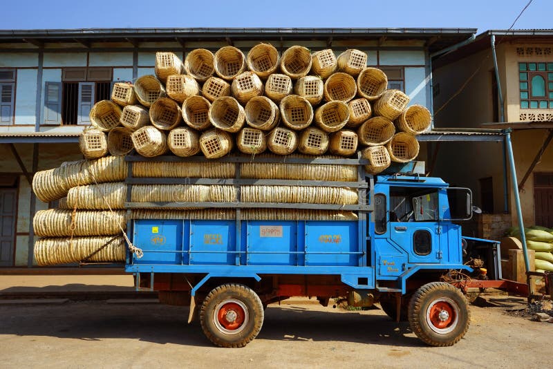 Truck with baskets editorial stock photo. Image of house 90904973