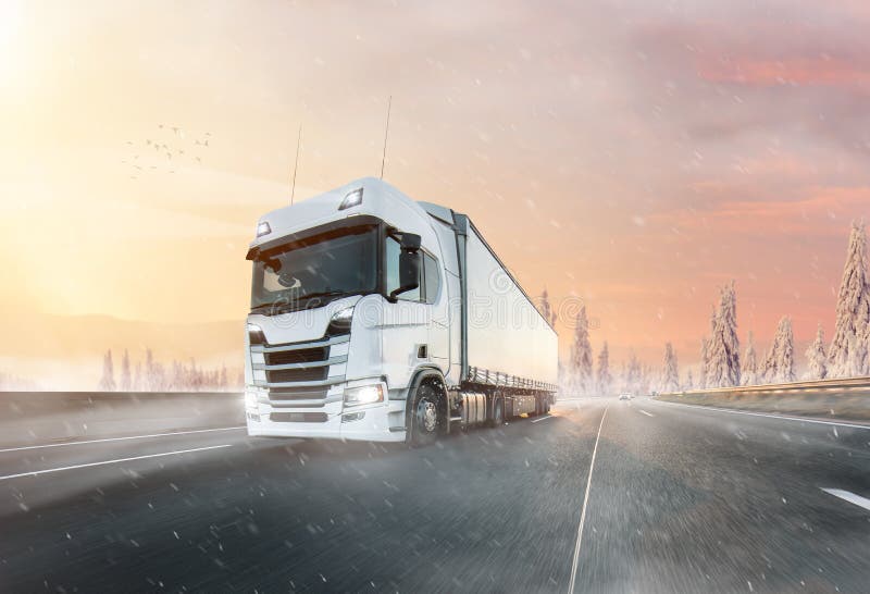 Truck with container on winter road, cargo transportation concept.