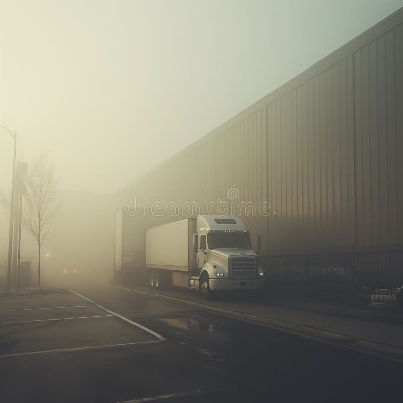 Truck entering a distribution center early morning stock illustration