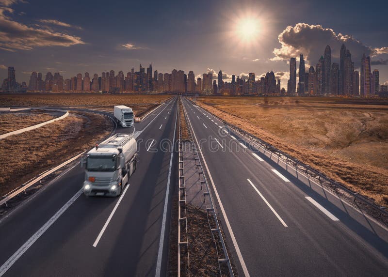 Truck on freeway with modern skyline in background