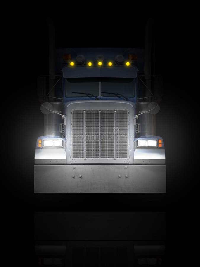 Truck front Peterbilt in the dark with headlights. Stack vehicle illustrations