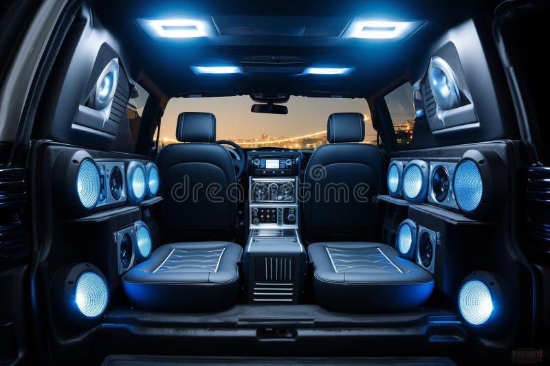 Truck interior with custom-built audio system. Generative AI. Truck interior with custom-built audio system complete with subwoofers and amplifiers, providing concert-like experience on go.