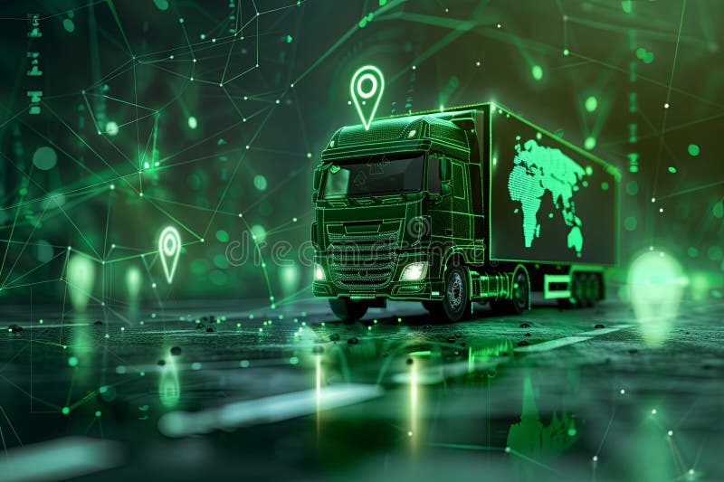 A truck parked with a large map displayed on the back, showcasing an innovative approach to green logistics or transportation. Gen royalty free illustration