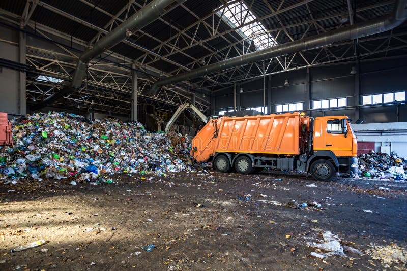 Truck Throws Garbage at Sorting Modern Waste Recycling Processing Plant
