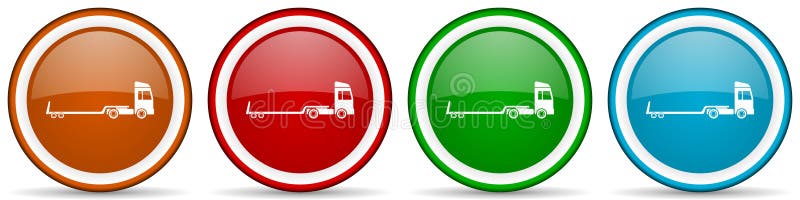 Truck with tow trailer, long vehicle conept glossy icons, set of modern design buttons for web, internet and mobile applications in four colors options isolated on white background.