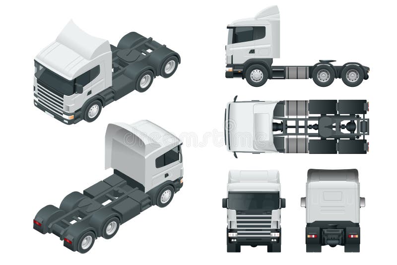 Truck tractor or semi-trailer truck. View front, rear, side, top and isometry front, back.. Cargo delivering vehicle
