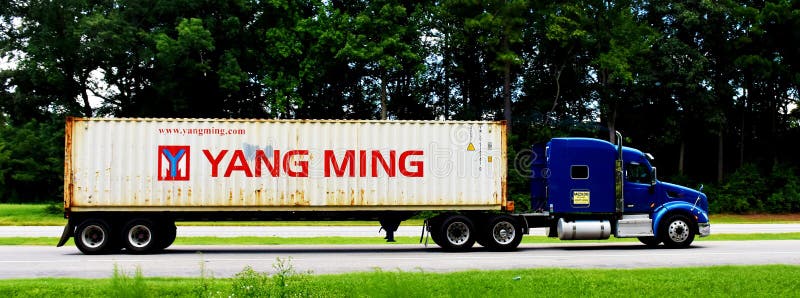 Truck with Yang Ming Container Editorial Stock Photo - Image of