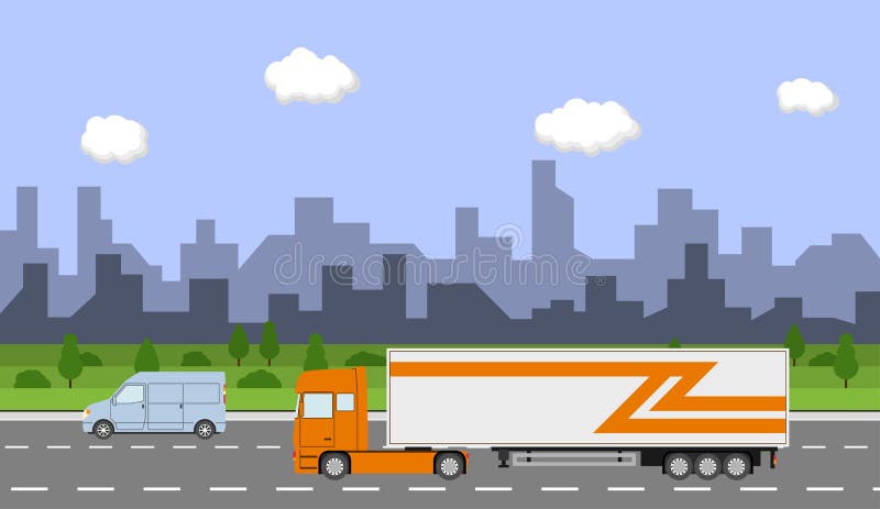 Truck on the road. City day time landscape. Heavy trailer truck. Logistic and delivery concept. Vector illustration. Truck on the road. City day time landscape. Heavy trailer truck. Logistic and delivery concept. Vector illustration.