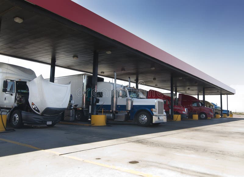 Trucks at Gas Pump Station Off Highway Stock Photo Image of highway