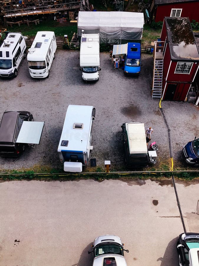 Trucks settlement. Aerial view of camping in Stockholm
