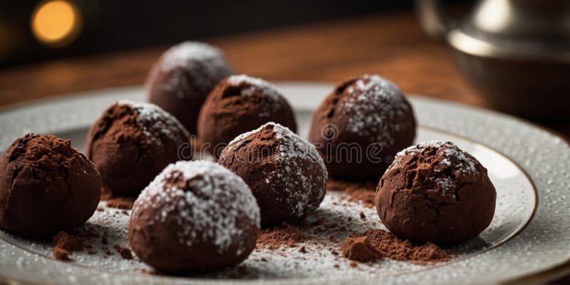Trufas decadentes de chocolate empolvadas con polvo de cacao rico presentadas en una placa de vintage que evoca una sensación de i stock de ilustración
