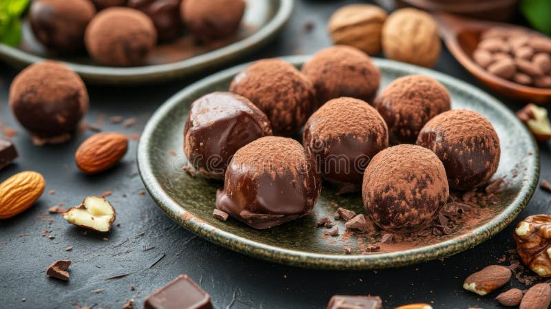 Truffes au chocolat foncé avec des noix sur une plaque foncée. Image générée par AI