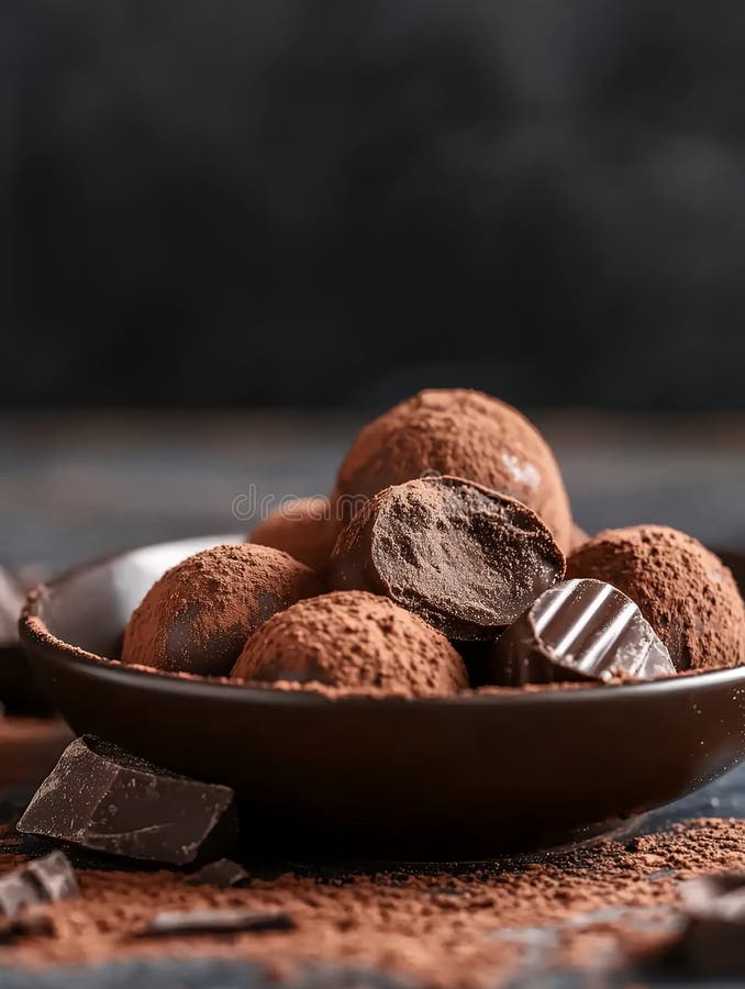 Truffes de chocolat poussiérées de poudre de cacao dans un bol marron avec des morceaux de chocolat foncé autour illustration libre de droits