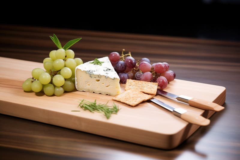 Truffle-infused cheese wedge on a wood board with grapes, created with generative ai AI generated