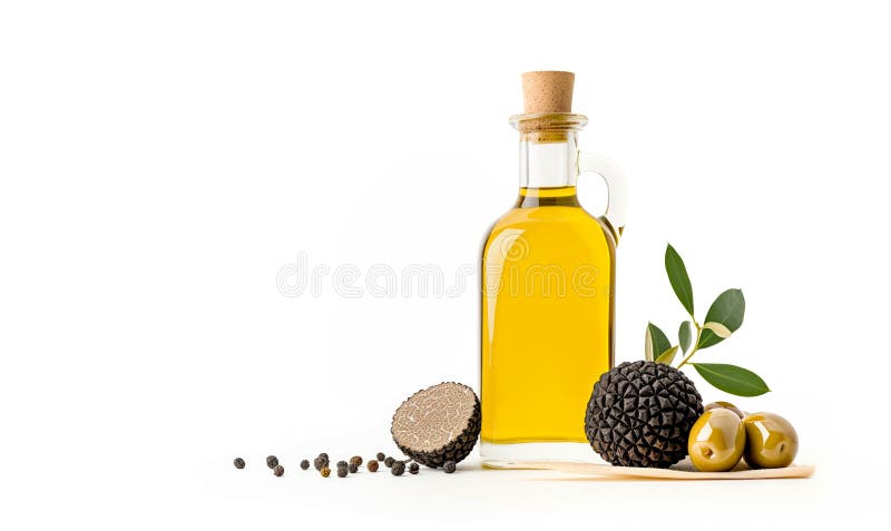 Truffle infused olive oil in bottle with cork surrounded on white background. stock image