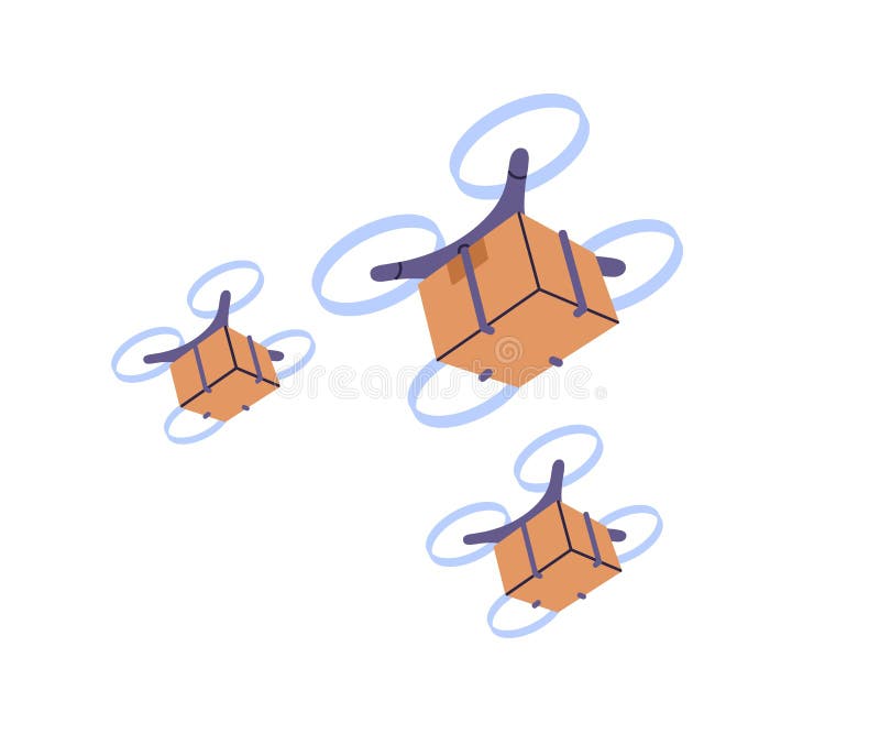 Trumleverans. helikoptrar som flyger med fraktboxar ombord paketpaket med flyg. automatiserad robot-uav stock illustrationer