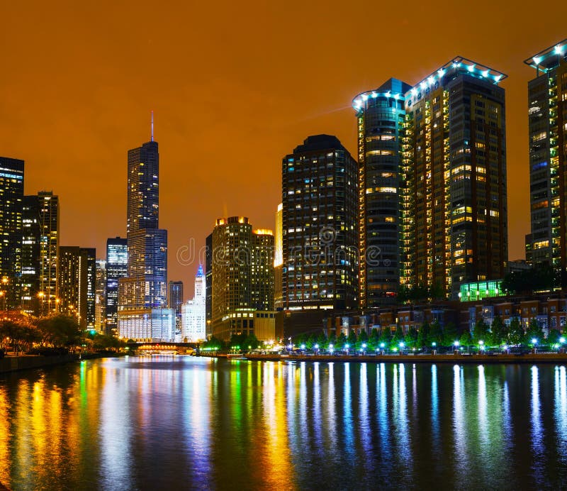 Trump International Hotel and Tower in Chicago, IL in the night