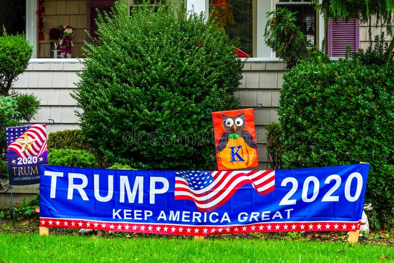 OCEANSIDE, NEW YORK - OCTOBER 20, 2020: Trump Keep America Great  2020 lawn sign on display in Long Island, New York