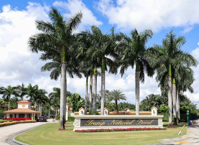 MIAMI, DORAL, FLORIDA, USA - OCTOBER:  Trump National Doral Resort sign located at the entrance to the golf resort with its signature course the Blue Monster, as seen on October 24, 2019. MIAMI, DORAL, FLORIDA, USA - OCTOBER:  Trump National Doral Resort sign located at the entrance to the golf resort with its signature course the Blue Monster, as seen on October 24, 2019