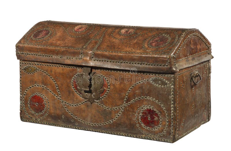 Trunk chest redish brown leather covered brass studed old antique