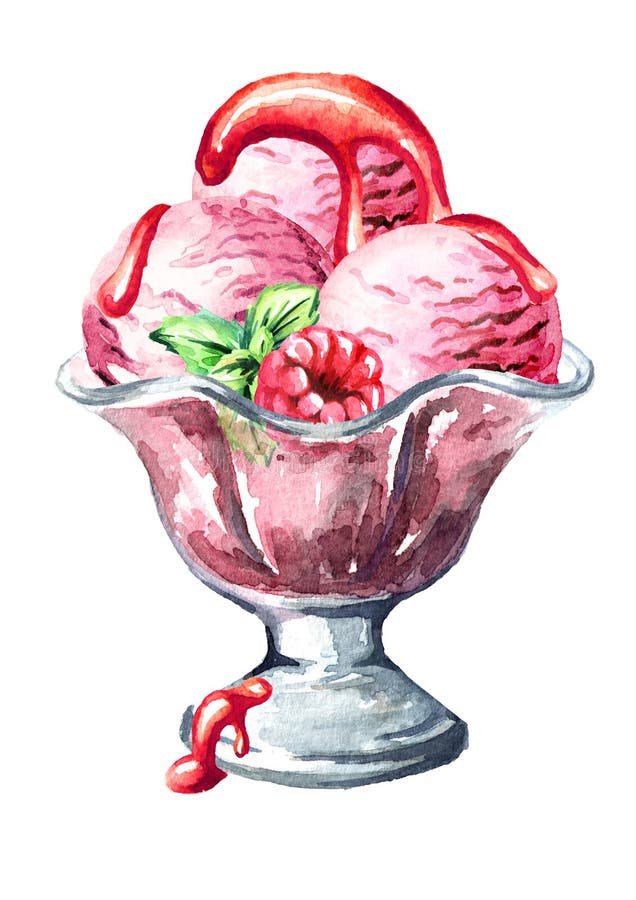 Truskawkowy lody z syropem, jagodami i mennicą, Akwareli ręka rysująca ilustracja, odizolowywająca na białym tle ilustracja wektor Truskawkowy lody z syropem, jagodami i mennicą, Akwareli ręka rysująca ilustracja, odizolowywająca na białym tle ilustracja wektor