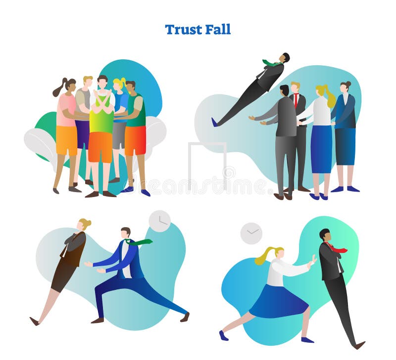 Trust fall vector illustration collection set. Various kinds of relying exercise. Team building and colleague cooperation in people group. Personality growth in risk, danger and outside comfort zone. Trust fall vector illustration collection set. Various kinds of relying exercise. Team building and colleague cooperation in people group. Personality growth in risk, danger and outside comfort zone.