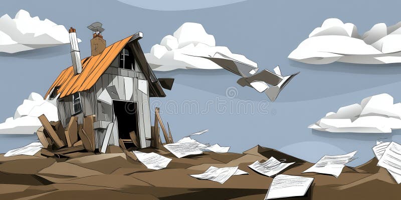 Trustat hus-kollapsande dokument som flyger Sky Dramatic Scene Illustration gammal art grå blå fågel royaltyfri illustrationer