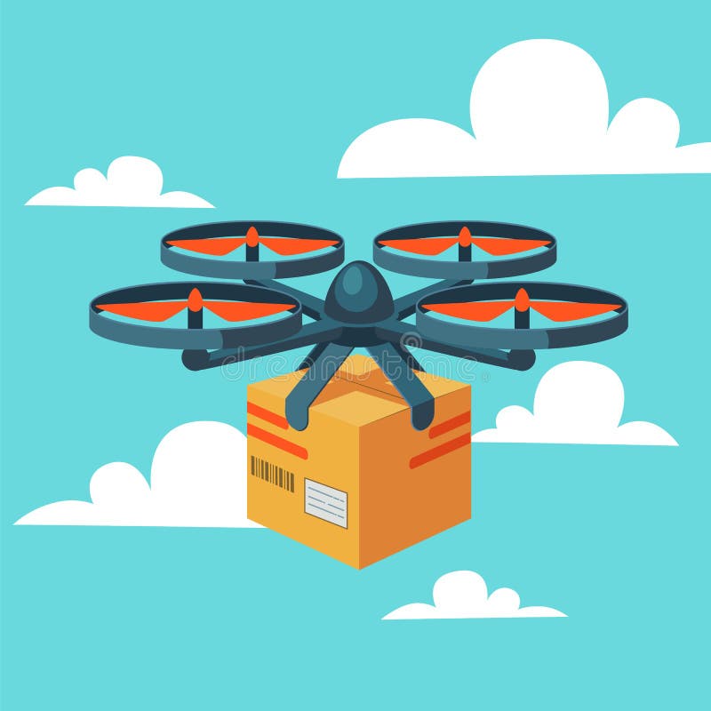 Truteń doręczeniowa usługa Pilota lotniczy truteń z pakuneczkiem Nowożytna dostawa pakunek latania quadcopter Mieszkanie styl ilustracja wektor