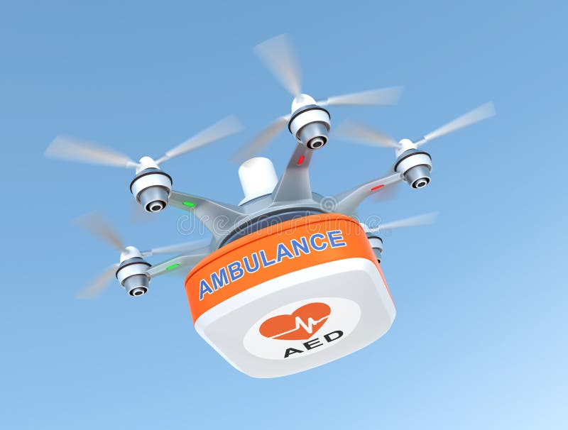 Drone carrying AED kit for emergency medical care concept. Drone carrying AED kit for emergency medical care concept.