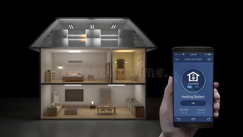 Trycka på IoT den mobila applikationen, uppvärmningsystemenergi - besparingeffektivitetskontroll, smarta hem- anordningar, intern