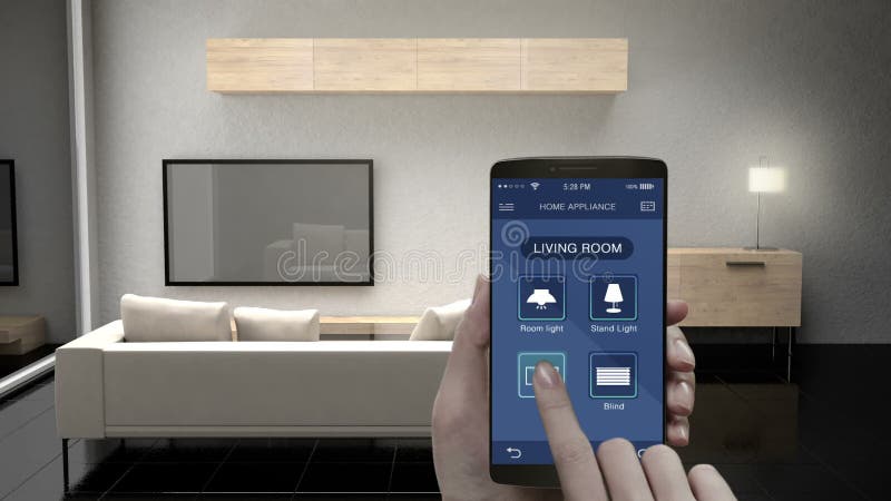 Trycka på IoT den mobila applikationen, vardagsrumTV, ljus kula, blind energi - besparingeffektivitetskontroll, smarta hem- anord