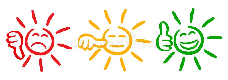 Trzy barwili słońce z otaksowanie kciukami, ustawiają emocję, kreskówek emoticons słońce dla zapasu - royalty ilustracja Trzy barwili słońce z otaksowanie kciukami, ustawiają emocję, kreskówek emoticons słońce dla zapasu - royalty ilustracja