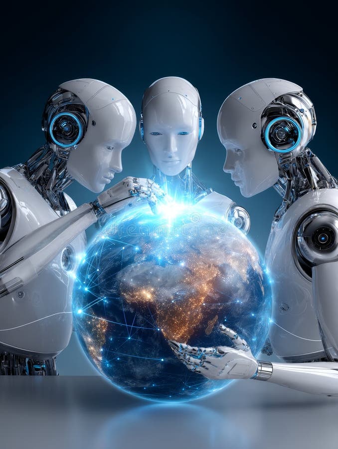 Trzy futurystyczne roboty analizujące cyfrowy globus za pomocą niebieskich sieci obraz stock
