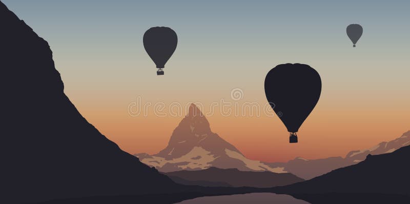 Trzy gorące powietrze balonu lata nad Matterhorn w Szwajcaria podczas turystycznego programa royalty ilustracja Trzy gorące powietrze balonu lata nad Matterhorn w Szwajcaria podczas turystycznego programa royalty ilustracja
