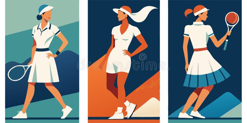 Trzy ilustracje przedstawiające kobietę trzymającą rakietę tenisową ilustracji
