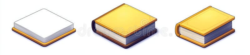 Trzy ilustracje renderowania 3D przedstawiające otwartą białą księgę z żółtą twardą okładką. ilustracja wektor