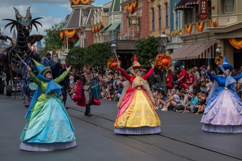 Orlando, Florida. September 25, 2019. Three Fairies of Sleeping Beauty in Disney Festival of Fantasy Parade at Magic Kigndom 1. Orlando, Florida. September 25, 2019. Three Fairies of Sleeping Beauty in Disney Festival of Fantasy Parade at Magic Kigndom 1