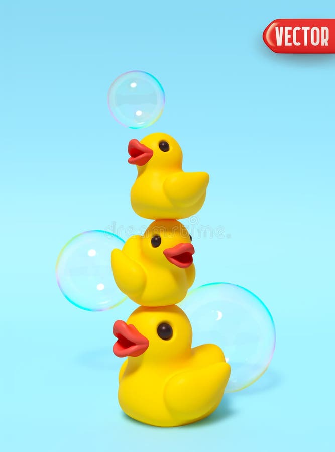 Trzy małe żółte kaczki stoją na sobie z latającymi bańkami mydlanymi w realistycznym stylu rysunkowym 3d ilustracja wektor
