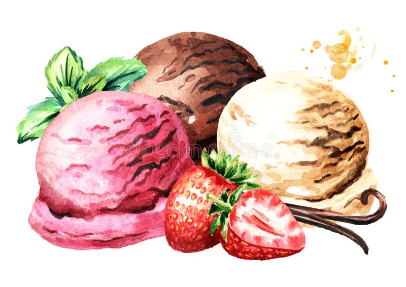 Trzy miarki truskawki, wanilii i czekolady lody z, Akwareli ręka rysująca ilustracja, odizolowywająca dalej ilustracja wektor Trzy miarki truskawki, wanilii i czekolady lody z, Akwareli ręka rysująca ilustracja, odizolowywająca dalej ilustracja wektor