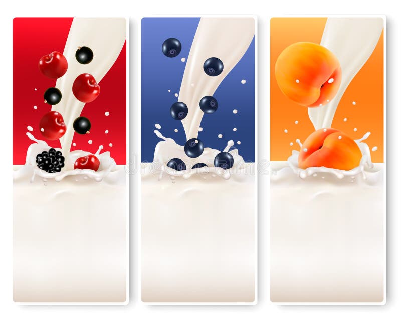 Three fruit and milk banners. Vector. Three fruit and milk banners. Vector.