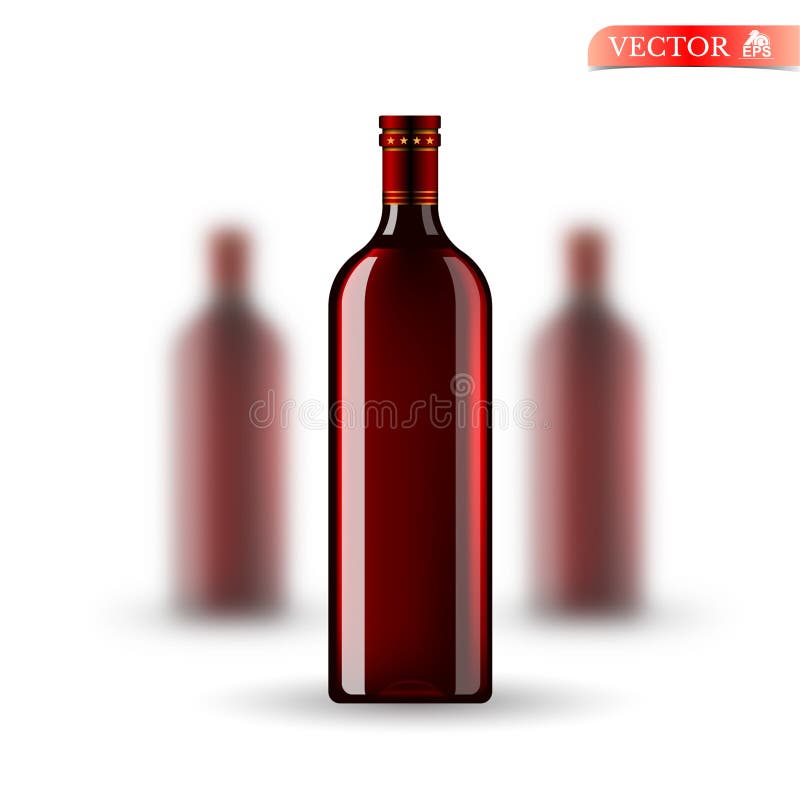 Three realistic mock up red bottle of wine on white background. Vector illustration one bottle sharp and two bottles depth of field. Three realistic mock up red bottle of wine on white background. Vector illustration one bottle sharp and two bottles depth of field