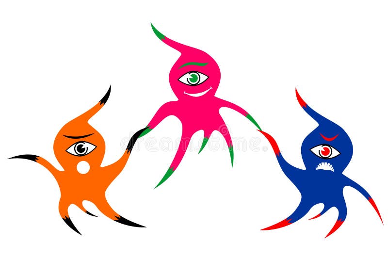 Trzy rozochoconego kolorowego jednookiego potwora royalty ilustracja Trzy rozochoconego kolorowego jednookiego potwora royalty ilustracja