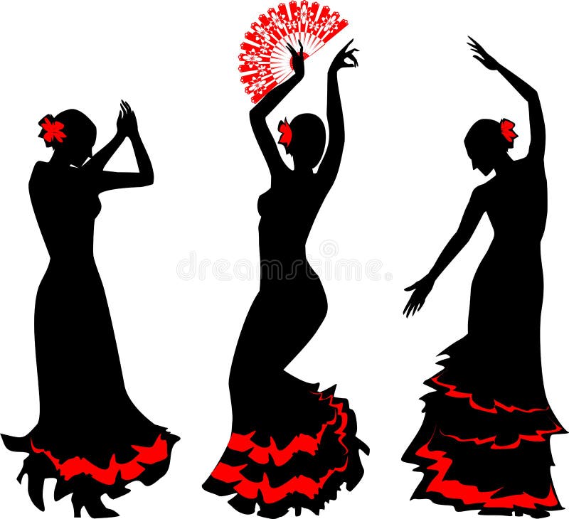 Trzy sylwetki flamenco tancerz z fan royalty ilustracja Trzy sylwetki flamenco tancerz z fan royalty ilustracja