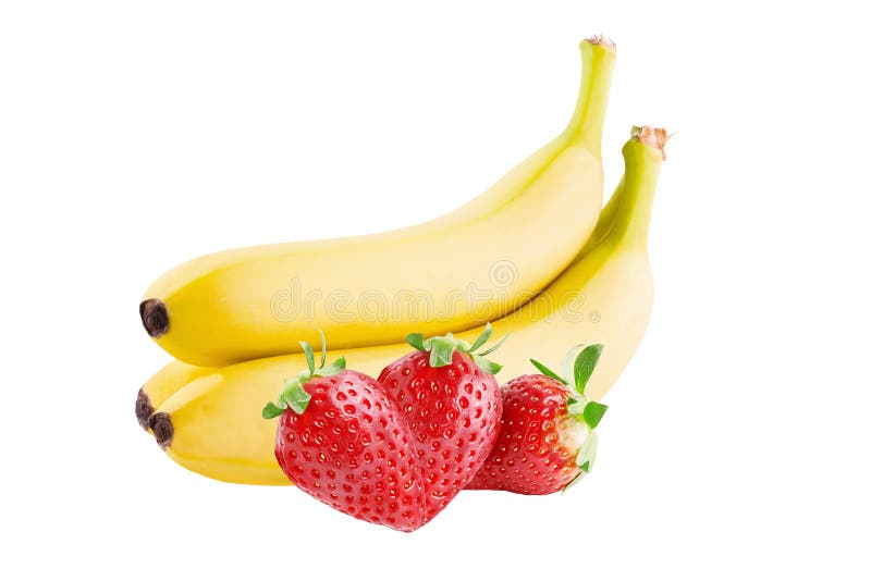 Trzy truskawki i trzy banana odizolowywających na białym backgroun obraz royalty free Trzy truskawki i trzy banana odizolowywających na białym backgroun obraz royalty free