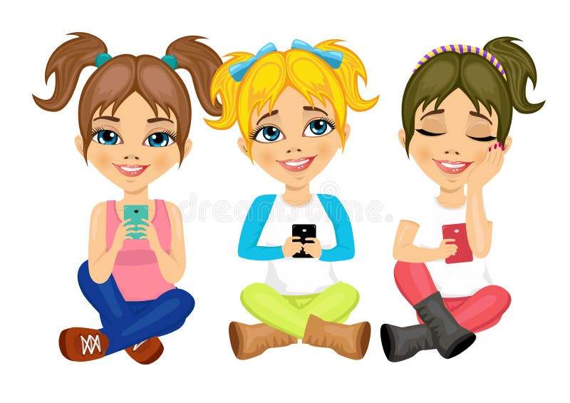 Trzy ślicznej małej dziewczynki siedzi na podłoga używać ich smartphones ono uśmiecha się szczęśliwy ilustracji Trzy ślicznej małej dziewczynki siedzi na podłoga używać ich smartphones ono uśmiecha się szczęśliwy ilustracji