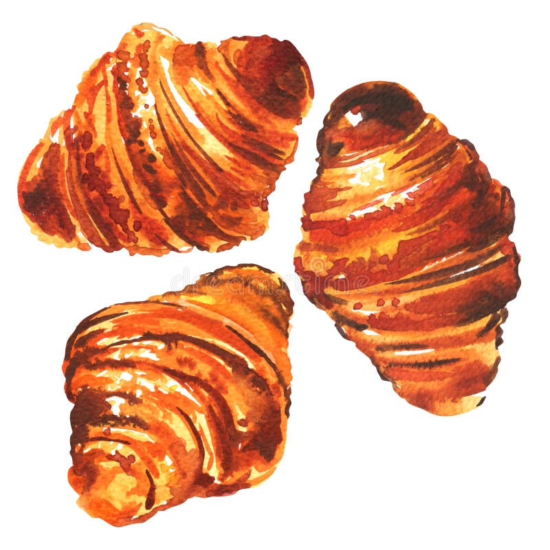 Trzy świeżo piec mini croissants, francuski śniadanie, jedzenie, odizolowywający, ręka rysująca akwareli ilustracja na bielu royalty ilustracja Trzy świeżo piec mini croissants, francuski śniadanie, jedzenie, odizolowywający, ręka rysująca akwareli ilustracja na bielu royalty ilustracja