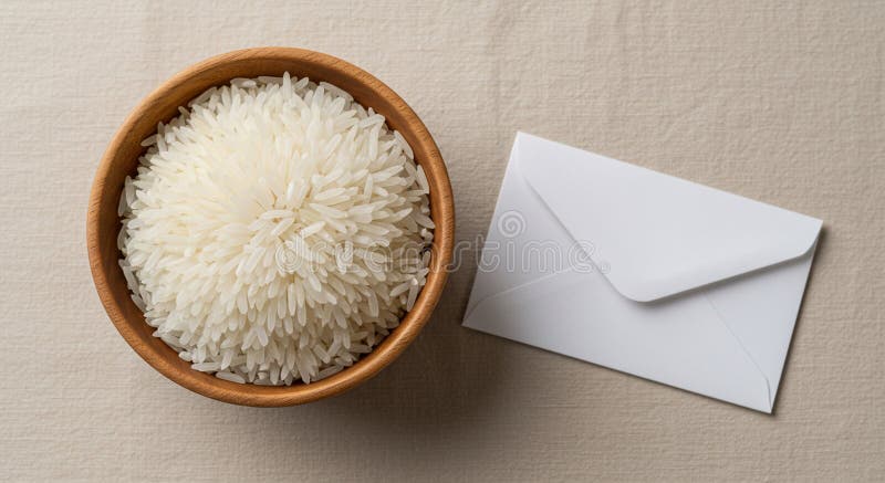Trä Bowl of Rice and Blank Kuvert vektor illustrationer